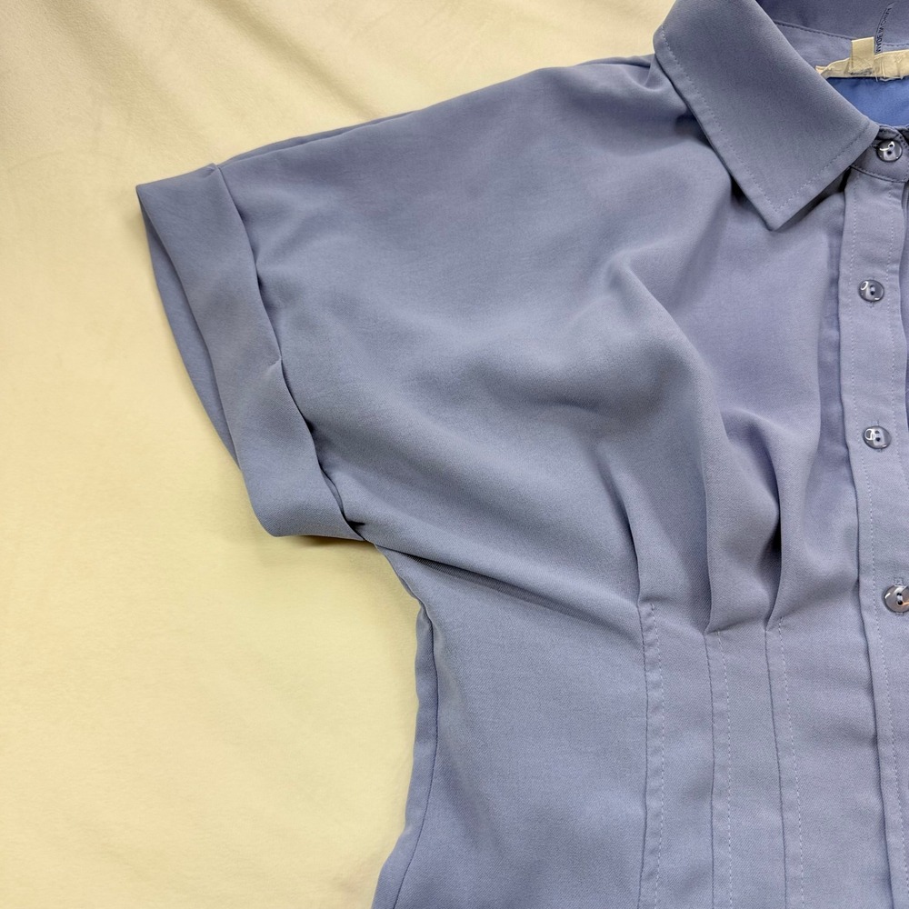 Entro Periwinkle Blue Button Down Pintuck Waist Mini Shirt Dress Short Sleeve L - Picture 16 of 16